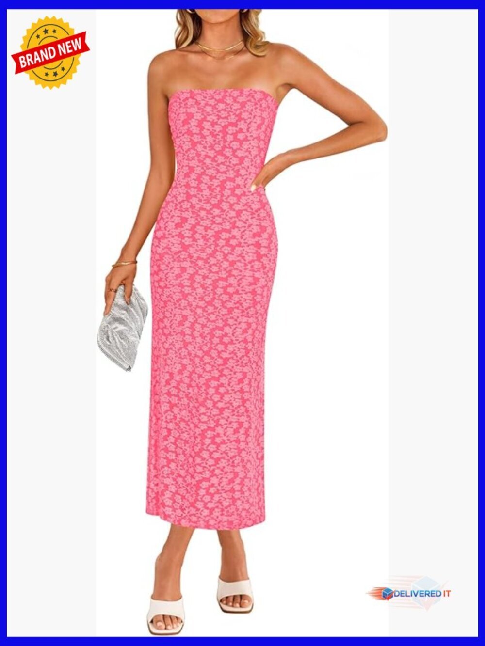 Strapless Bodycon Midi Dress Floral Off Shoulder Formal Cocktail Wedding Guest